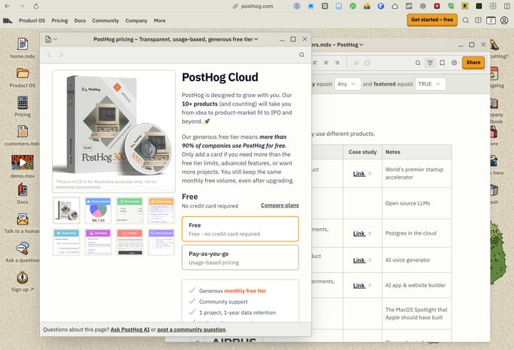 Die Webseite von Posthog, die wie ein Betriebssystem gestaltet ist